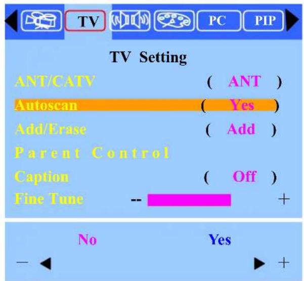 TV Setting ANT/CATV ( ANT ) Autoscan ( Yes ) Add/Erase ( Add ) Parent Control Caption ( Off ) Fine Tune -- No Yes - +