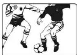 Two soccer players in action, one kicking a ball while the other plays a rule (no text or symbols visible)