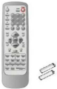 Illustration of a remote control with keyboard and buttons, accompanied by two cylindrical objects (no text or symbols)