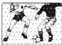 Illustration of two soccer players competing for the ball on a dotted grid background (no text or symbols)