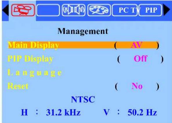 PC TV PIP Management Main Display ( AV ) PIP Display ( Off ) Language Reset ( No ) NTSC H : 31.2 kHz V : 50.2 Hz