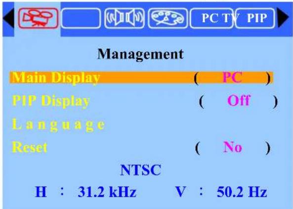 PC TV PIP Management Main Display ( PC ) PIP Display ( Off ) Language Reset ( No ) NTSC H : 31.2 kHz V : 50.2 Hz