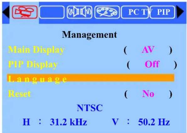 PC TV PIP Management Main Display ( AV ) PIP Display ( Off ) Language Reset ( No ) NTSC H : 31.2 kHz V : 50.2 Hz