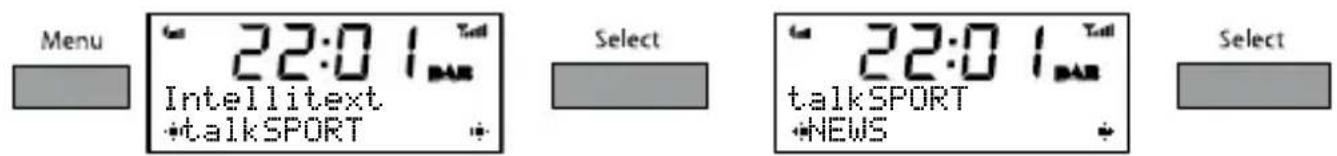 Menu 22:01 Bar Select 22:01 BAR Select Intellitext •talkSPORT talkSPORT •NEWS