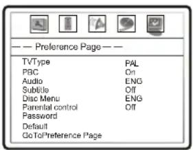 — Preference Page — TVType PAL PBC On Audio ENG Subtitle Off Disc Menu ENG Parental control Off Password Default GoToPreference Page