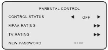 PARENTAL CONTROL CONTROL STATUS OFF ► MPAA RATING ►► TV RATING ►► NEW PASSWORD ----