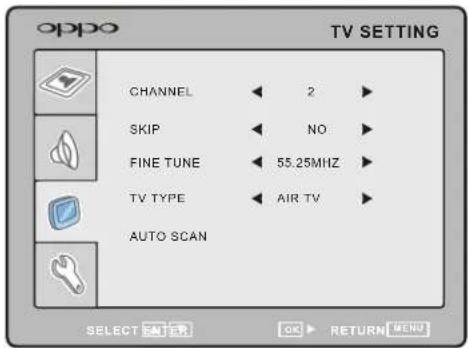 oppo TV SETTING CHANNEL 2 SKIP NO FINE TUNE 55.25MHZ TV TYPE AIR TV AUTO SCAN SELECT ALTER OK RETURN MENU