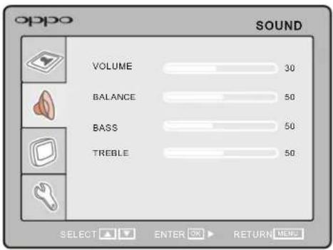 oppo SOUND VOLUME 30 BALANCE 50 BASS 50 TREBLE 50 SELECT ▲ ▼ ENTER OK ▶ RETURN MEMS