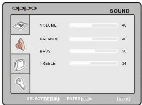 oppo SOUND VOLUME 40 BALANCE 40 BASS 50 TREBLE 34 SELECT RETURN ENTER OK > MENU