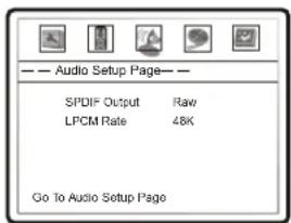 Audio Setup Page SPDIF Output Raw LPCM Rate 48K Go To Audio Setup Page