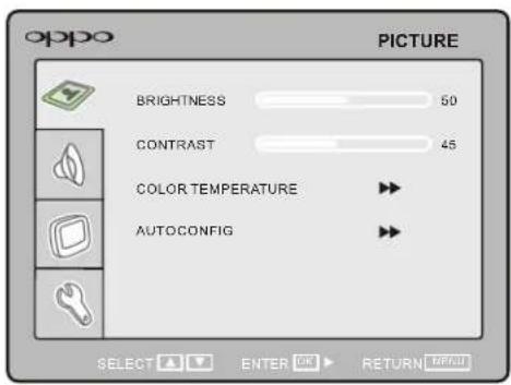 oppo PICTURE BRIGHTNESS 50 CONTRAST 45 COLOR TEMPERATURE ►► AUTOCONFIG ►► SELECT A V ENTER OK ▶ RETURN FREE