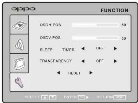 OPPO FUNCTION OSDH-POS 50 OSDV-POS 50 SLEEP TIMER OFF TRANSPARENCY OFF RESET SELECT ENTER RETURN MENU
