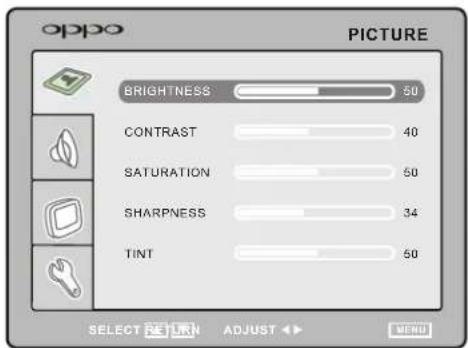 oppo PICTURE BRIGHTNESS 50 CONTRAST 40 SATURATION 50 SHARPNESS 34 TINT 50 SELECT RETURN ADJUST MENU