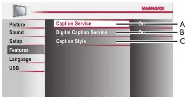 MAGNAVOX Picture Caption Service On A Sound Digital Caption Service On B Setup Caption Style C Features Language USB