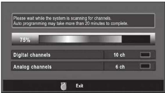 Please wait while the system is scanning for channels. Auto programming may take more than 20 minutes to complete. 75% Digital channels 10 ch Analog channels 6 ch Exit
