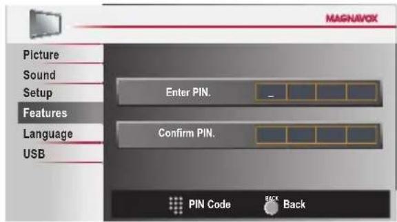 MAGNAVOX Picture Sound Setup Enter PIN. Features Language USB Confirm PIN. PIN Code Back Back