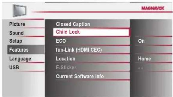 MAGNAVOX Picture Closed Caption Sound Child Lock Setup ECO On Features fun-Link (HDMI CEC) Language Location Home USB E-Sticker -- Current Software Info