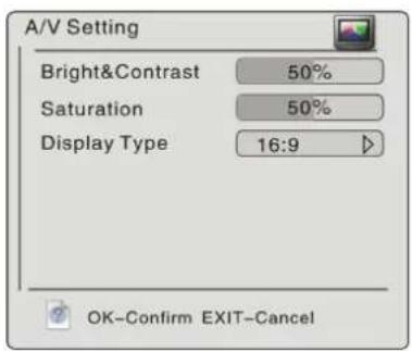 A/V Setting Bright&Contrast 50% Saturation 50% Display Type 16:9 OK-Confirm EXIT-Cancel