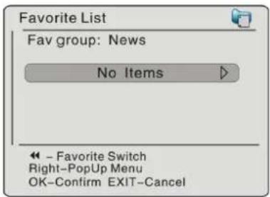 Favorite List Fav group: News No Items ◀ - Favorite Switch Right-PopUp Menu OK-Confirm EXIT-Cancel