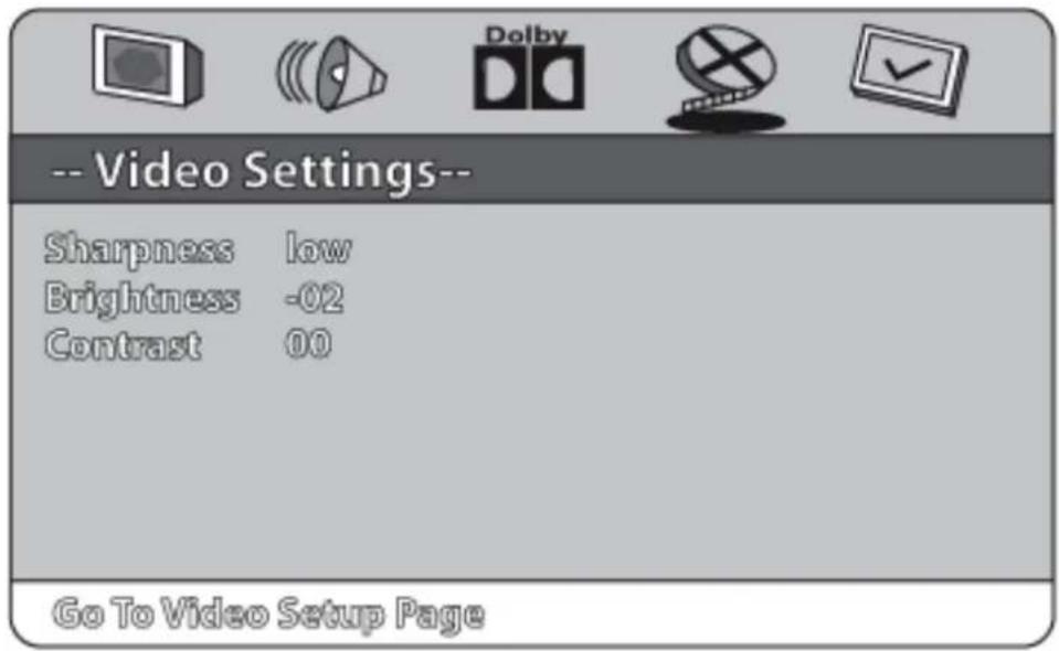 -- Video Settings-- Sharpness low Brightness -02 Contrast 00 Go To Video Setup Page