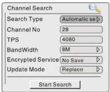 Channel Search Search Type Automatic se ▶ Channel No 28 TPS 4080 BandWidth 8M ▶ Encrypted Service No Save ▶ Update Mode Replace ▶ Start Search