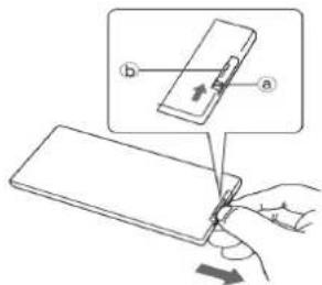 Diagram illustrating a folding or disassembly process with labeled parts (a, b) and directional arrows indicating movement.