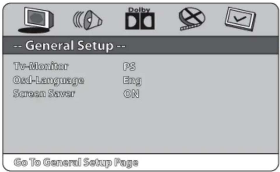 -- General Setup -- Tv-Monitor PS Osd-Language Eng Screen Saver ON Go To General Setup Page