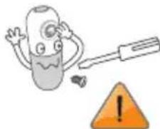 Cartoon illustration of a character with a large eye and a pointing tool, next to an orange warning triangle with an exclamation mark (no text or symbols on the character itself)