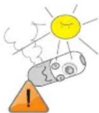Illustration of a sun shining over a device with smoke and warning symbol (no text or labels)