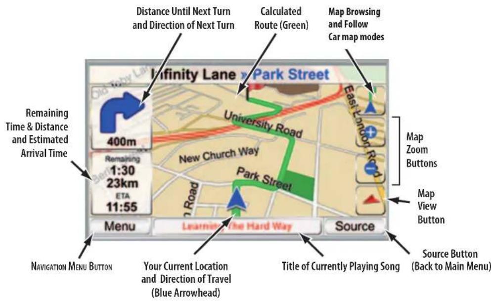 Distance Until Next Turn and Direction of Next Turn Calculated Route (Green) Map Browsing and Follow Car map modes Remaining Time & Distance and Estimated Arrival Time 400m Remaining 1:30 23km ETA 11:55 University Road New Church Way Park Street Menu Learning The Hard Way Source Map Zoom Buttons Map…