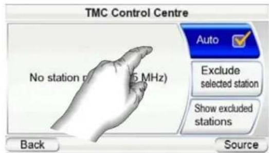 TMC Control Centre Auto Exclude selected station Show excluded stations No station p (5 MHz) Back Source