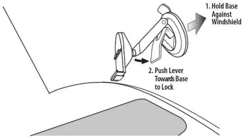 1. Hold Base Against Windshield 2. Push Lever Towards Base to Lock