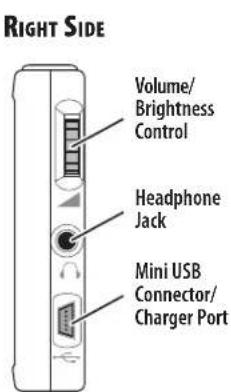 RIGHT SIDE Volume/ Brightness Control Headphone Jack Mini USB Connector/ Charger Port