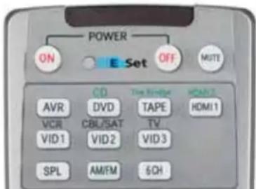 POWER ON E Set OFF MUTE CD TIME AVR DVD TAPE HOM1 VCR CBL/SAT TV VID1 VID2 VID3 SPL AM/FM $CH