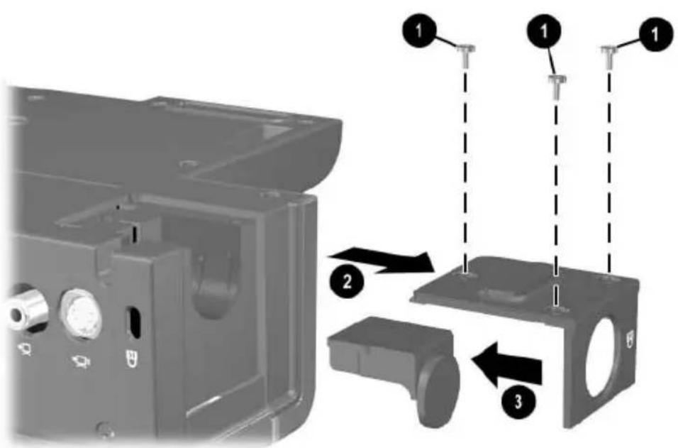 Technical diagram showing assembly steps of a mechanical component with labeled parts and directional arrows indicating assembly directions.