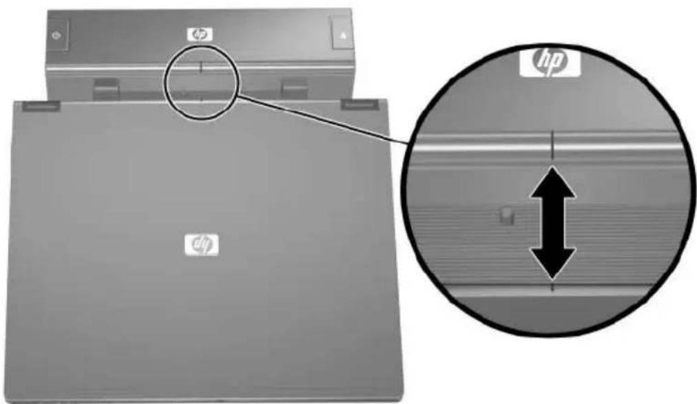 Diagram showing HP printer front panel and its magnified view with bidirectional arrow indicating alignment or compression.