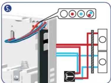 Diagram showing electrical connections with labeled components and color-coded indicators