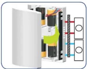 Interior view of an electronic device showing internal components and a close-up of a panel with red and blue indicator lights (no text or symbols visible)