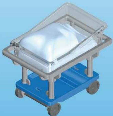 3D rendering of a transparent delivery cart with a white dome-shaped lid and blue base (no text or symbols)
