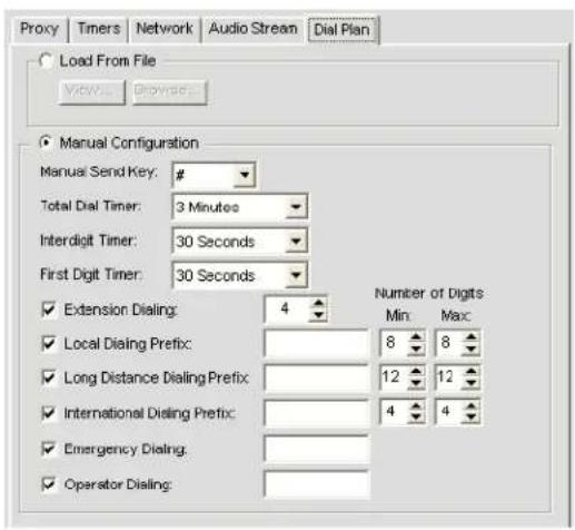Proxy Timers Network Audio Stream Dial Plan Load From File View... Browse... Manual Configuration Manual Send Key: # Total Dial Timer: 3 Minutes Interdigit Timer: 30 Seconds First Digit Timer: 30 Seconds Extension Dialing: 4 Local Dialing Prefix: Long Distance Dialing Prefix: International Dialing Prefix: Emergency Dialing: Operator Dialing: Number of Digits Min. Max: 8 8 12 12 4 4