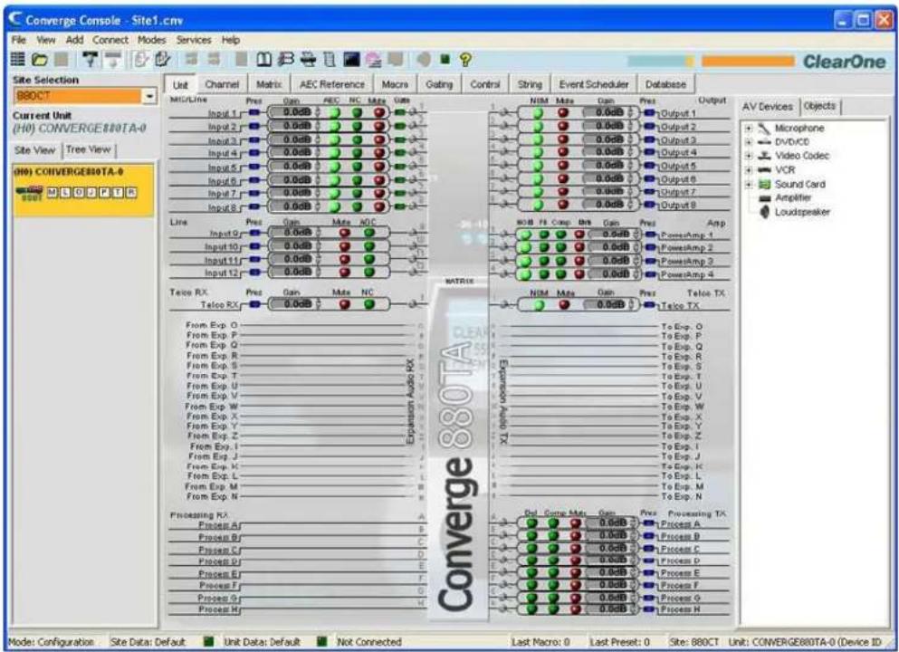 Converge Console - Site1.cmv File View Add Connect Modes Services Help ClearOne Site Selection BB0CT Current Unit (H0) CONVERGE80TA-0 Site View | Tree View | (H0) CONVERGE80TA-0 880CT Unit Channel Matrix AEC Reference Macro Gating Control String Event Scheduler Database MIG/Line Pres Gain AEC NC Mate Gate Input 1 0.0dB Input 2 0.0dB Input 3 0.0dB Input 4 0.0dB Input 5 0.0dB Input 6 0.0dB Input 7 0.0dB Input 8 0.0dB Line Pres Gain Mate AOC Input 9 0.0dB Input 10 0.0dB Input 11 0.0dB Input 12 0.0dB Telco RX Pres Gain Mate NC Telco RX 0.0dB Output 1 Output 2 Output 3 Output 4 Output 5 Output 6 Output 7 Output 8 Output Amp 1 PowerAmp 2 PowerAmp 3 PowerAmp 4 NIM Mate Gain Pres Telco TX From Exp. O From Exp. P From Exp. Q From Exp. R From Exp. S From Exp. T From Exp. U From Exp. V From Exp. W From Exp. X From Exp. Y From Exp. Z From Exp. I From Exp. J From Exp. K From Exp. L From Exp. M From Exp. N Processing RX A Process A F B C D E F G H M N M N M N M N M N M N M N M N M N M N M N M N M N M N M N M N M N M N M N M N M N M N M N M N M N M N M N M N M N M N M N M N M N M N M N M N M N M N M N M N M N M N M N M N M N M N M N M N M N M N M M N M N M N M N M N M N M N M N M N M N M N M N M N M N M N M N M N M N M N M N M N M N M N M N M N M N M N M N M N M N M N M N M N M N M N M N M N M N M N M N M N M N M N M N M N M N M N M N M N M-NM AV Devices Objects Microphone DVD/CB Video Codec VCR Sound Card Amplifier Loudspeaker Converge 880TA MACRISER Emission Audio RX To Exp. O To Exp. P To Exp. Q To Exp. R To Exp. S To Exp. T To Exp. U To Exp. V To Exp. W To Exp. X To Exp. Y To Exp. Z To Exp. I To Exp. J To Exp. K To Exp. L To Exp. M To Exp. NDel Come Mate Gain Pres Processing TX Process A F G H I J K L K L K L K L K L K L K L K L K L K L K L K L K L K L K L K L K L K L K L K L K L K L K L K L K L K L K L K L K L K L K L K L K L K L K L K L K L K L K L K L K L K L K L K L K L K L K L K L K L K L K I