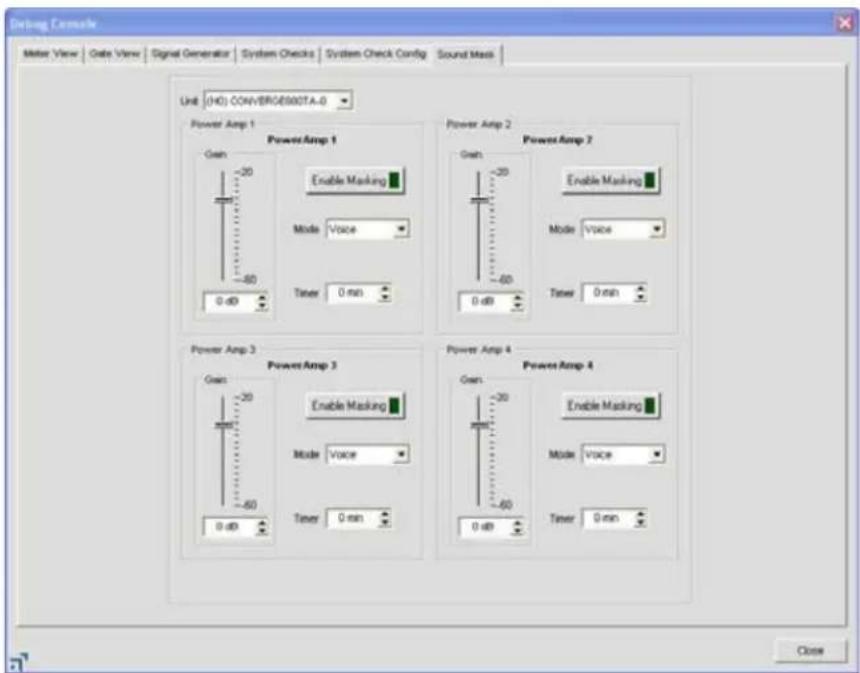 Setting Example Meter View | Gate View | Signal Generator | System Checks | System Check Config | Sound Mass | Unit (H0) CONVERTG680TA-0 Power Amp 1 Power Amp 1 Gain -20 Enable Masking Mode Voice Taser 0 min Power Amp 2 Power Amp 2 Gain -20 Enable Masking Mode Voice Taser 0 min Power Amp 3 Power Amp 3 Gain -20 Enable Masking Mode Voice Taser 0 min Power Amp 4 Power Amp 4 Gain -20 Enable Masking Mode Voice Taser 0 min Close