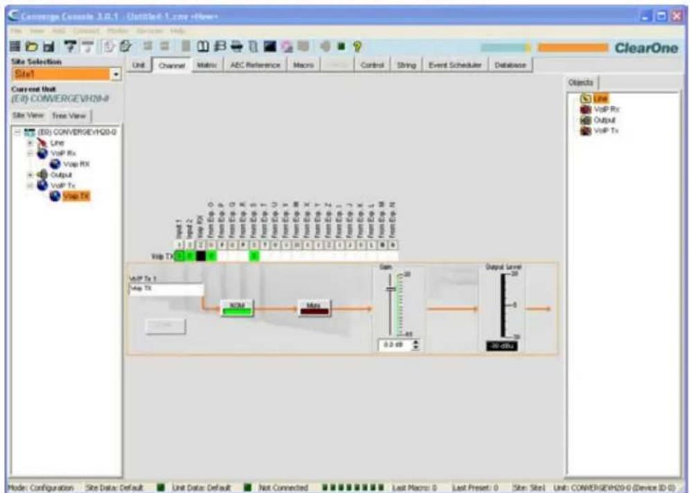 Converge Console 3.0.1 - Untitled-1.csv File View: AND Connected Master Services Help Site Selection Site1 Current Unit (ES) CONVERGEVH29-0 Site View: Tree View (ES) CONVERGEVH29-0 Line VoIP Rx Voip Rx Output VoIP Tx Voip Tx Unit: Channel Matrix AEC Reference Macros Control String Event Scheduler Database ClearOne Objects Line VoIP Rx Output VoIP Tx Voip Tx VoIP Tx 1 Voip Tx Samp: 0.2 dB Output Level: -20 -40 -70 -80 dBu Model: Configuration Site Data: Default Unit Data: Default Not Connected Last Macro: 0 Last Preset: 0 Skin: Site Unit: CONVERGEVH29-0 (Device ID: 0)