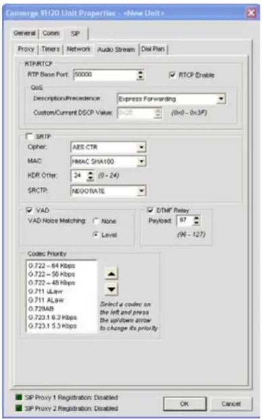 Converg VI/20 Unit Properties - General Comms SIP Proxy Timers Network Audio Stream Dial Plan RTP/RTCP RTP Base Port: 50000 RTCP Enable QoS Description/Precedence: Express Forwarding Custom/Current DSCP Value: 0x10 (0x0 - 0x3F) SRTP Cipher: AES CTR MAC: HMAC SHA100 HDR Offer: 24 (0 - 24) SRCTP: NEGOTATE VAD VAD Noise Matching: None Level DTMF Relay Payload: 97 (96 - 127) Codec Priority 0.722 ~ 64 Kbps 0.722 ~ 56 Kbps 0.722 ~ 48 Kbps 0.711 ULaw 0.711 ALaw 0.729AB 0.723.1 6.3 Kbps 0.723.1 5.3 Kbps Select a codec on the left and press the up/down arrow to change its priority SIP Proxy 1 Registration: Disabled SIP Proxy 2 Registration: Disabled OK Cancel