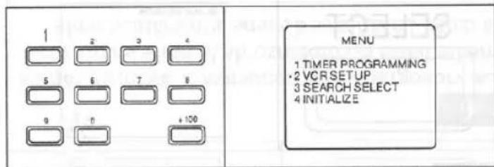 1 2 3 4 5 6 7 8 9 10 +100 MENU 1 TIMER PROGRAMMING • 2 VCR SETUP 3 SEARCH SELECT 4 INITIALIZE