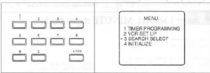 1 2 3 4 5 6 7 8 9 0 +100 MENU 1 TIMER PROGRAMMING 2 VCR SETUP - 3 SEARCH SELECT 4 INITIALIZE
