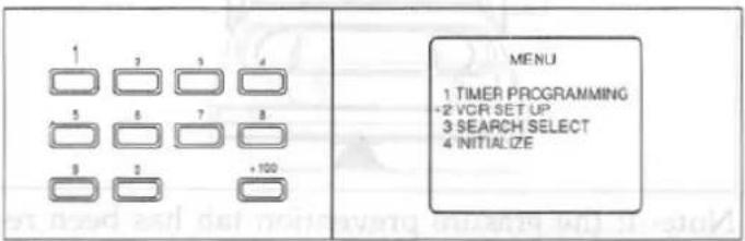 1 2 3 4 5 6 7 8 9 2 +100 MENU 1 TIMER PROGRAMMING +2 VCR SET UP 3 SEARCH SELECT 4 INITIALIZE