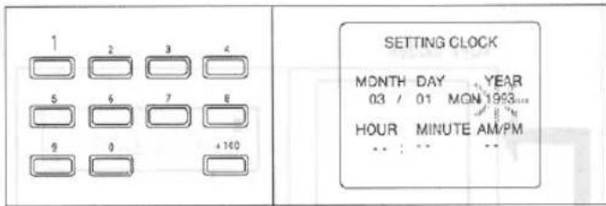 1 2 3 4 5 6 7 8 9 0 +160 SETTING CLOCK MONTH DAY YEAR 03 / 01 MON 1993... HOUR MINUTE AM/PM ... : ... ...