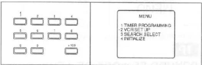 1 2 3 4 5 6 7 8 5 2 +100 MENU 1 TIMER PROGRAMMING -2 VCR SETUP 3 SEARCH SELECT 4 INITIALIZE