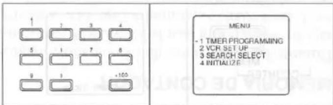 1 2 3 4 5 1 7 8 9 1 +100 MENU - 1 TIMER PROGRAMMING 2 VCR SET UP 3 SEARCH SELECT 4 INITIALIZE